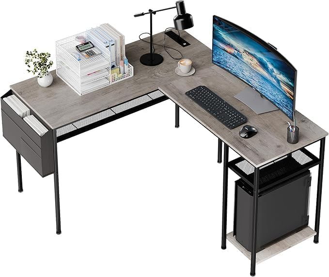 Vongrasig Home Office Desks with Laptop StandL Shaped Computer Desk 55 inch Large Work Desk Study WorkstationSimple Assembly Steel FrameGrey
