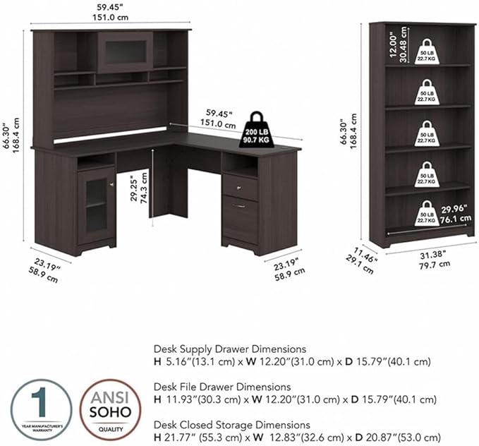 Bush Home Cabot 60W L Shaped Computer Desk with Hutch and 5 Shelf Bookcase in Heather Gray