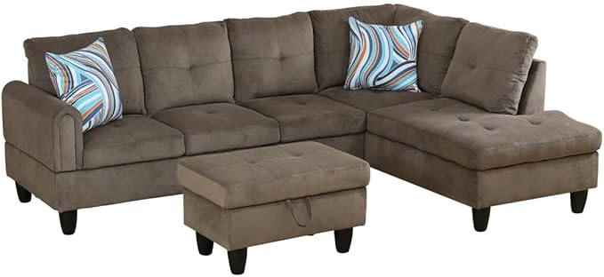 Brown L-Shaped 3-Piece Corduroy Sofa with Storage Ottoman Set Sectional Couch Sofa Set for Living Room Office Small Space
