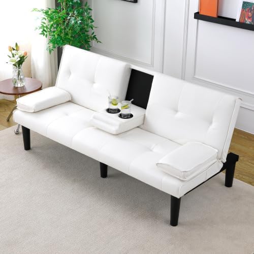 Futon Sofa Bed Modern Folding Couch for Small Space Faux Leather Convertible Loveseat Sleeper Bed Daybed Recliner Lounge Sofas for Living Room2 Cup HoldersMetal LegsRemovable Armrests (White)