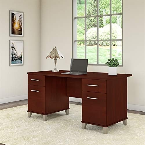 Bush Home 60-inch Home Office Desk with Drawers Large Computer Table with Storage Transitional Style Somerset Collection Hansen Cherry