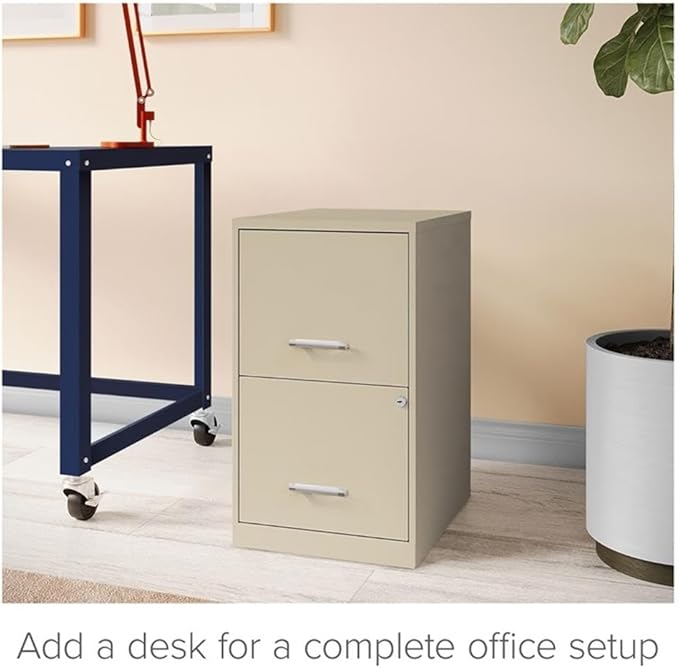 Pemberly Row 2-Drawer Metal Filing Cabinet 18 Deep Putty/Beige Finish Letter-Size Hanging Files High-Side Drawers Cam Lock Security Glide Suspension Home or Office Storage Solution