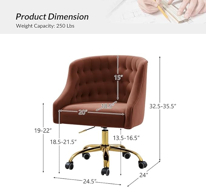 Velvet Office Chair with Gold Base Modern Cute Desk Chair Comfortable Adjustable Swivel Task Chair for Home Office Living Room Bedroom Vanity Study Burn Brick