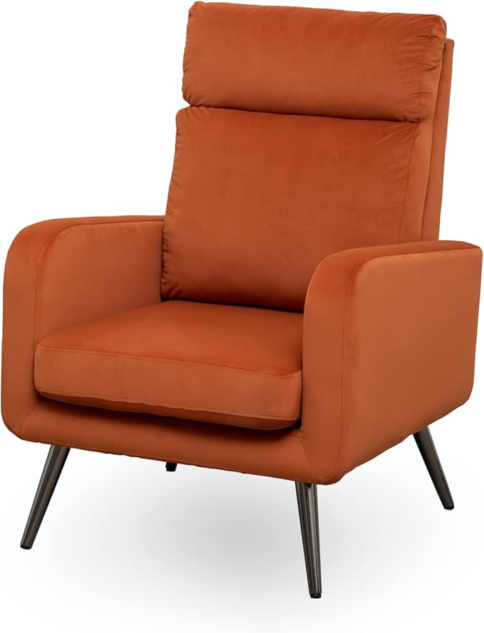Velvet Accent Chair Modern Living Room Armchair Bedroom Dorm Reading Reception Room Comfort Upholstered Sofa Chair Black Metal Legs Orange