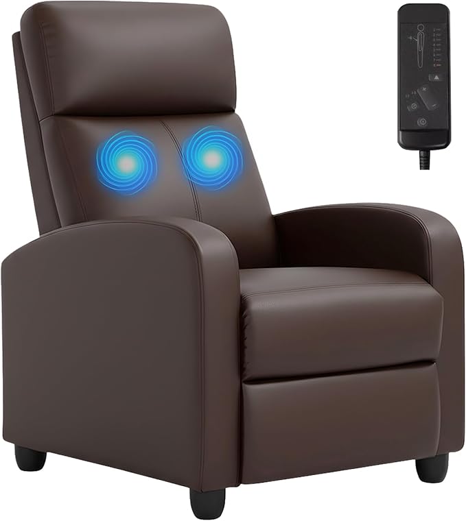 PayLessHere Recliner Chair Single Reclining Sofa Home Theater Seating with Lumbar Support and Padded Backrest for Living Room and Bedroom (Leather Brown-Massage)