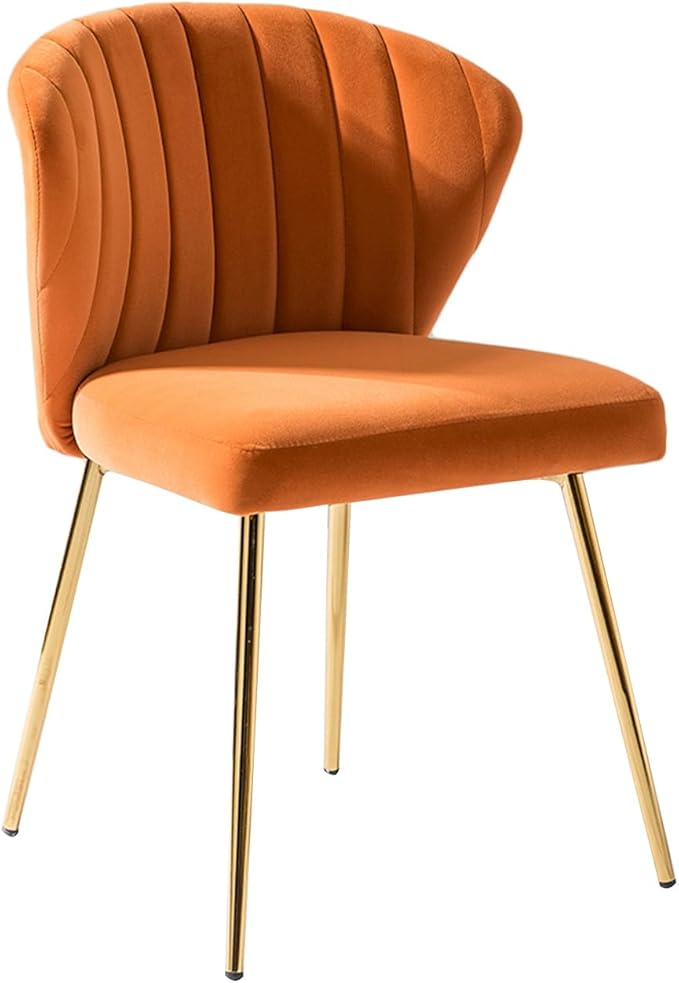 HULALA HOME Velvet Dining Chair Cute Armless Accent Chair Living Room Chair with Golden Legs Mid Century Modern Upholstered Side Chair for Kitchen Vanity Orange