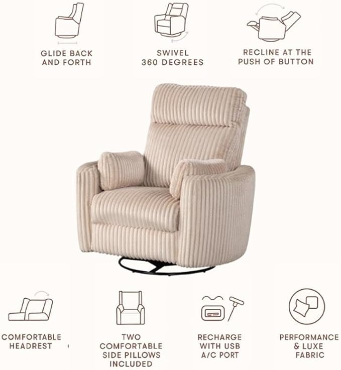 Pemberly Row Modern Large Corduroy Fabric Swivel Recliner Upholstered Seating Chair with Swivel Reclining Mechanism for Indoor Seating Use Fabric Construction in Ivory Finish