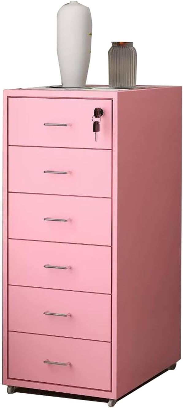 File Cabinet Six Drawer Cabinet Office with Lock Storage Cabinet Iron Data File Storage Cabinet (Color : Pink)