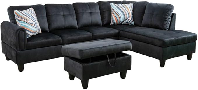 Black L-Shaped 3-Piece Flannel Sofa with Storage Ottoman Set Sectional Couch Sofa Set for Living Room Office Small Space