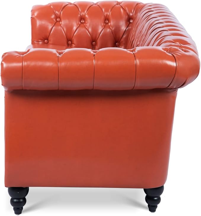 84 Chesterfield Couch PU Leather Modern Rolled Arm Tufted Back 3 Seater Sofa Upholstery Nailhead Trim Couches for Living Room Office (Orange)