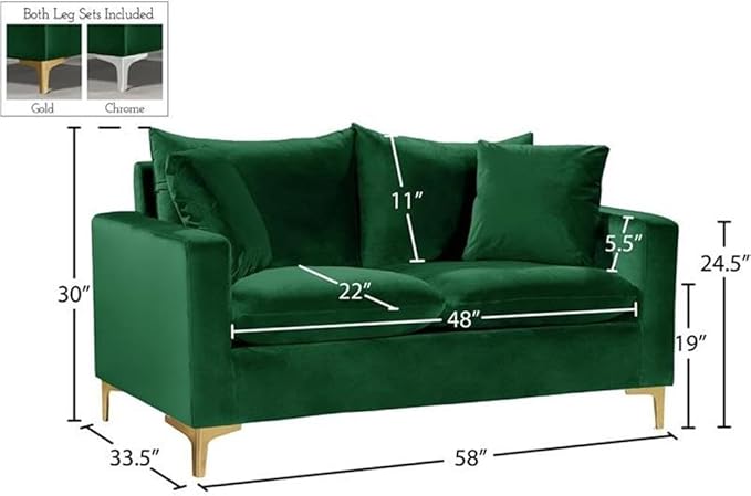 Meridian Furniture Naomi Collection Modern | Contemporary Green Velvet Upholstered Loveseat with Stainless Steel Base in a Rich Gold or Chrome Finish 58 W x 33.5 D x 30 H