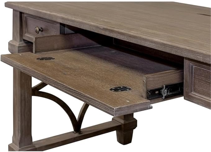 Pemberly Row Wood Writing Desk 54 in x 27 in x 30 in Solid Wood and Veneer Gray Weathered Dove Finish USB and AC Outlets Drop-Front Keyboard Tray Casual Office Desk for Home or Executive Office