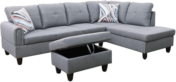 Grey-1 L-Shaped 3-Piece Linen Sofa with Storage Ottoman Set Sectional Couch Sofa Set for Living Room Office Small Space