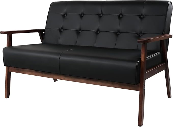 AODAILIHB Black Mid Century Modern Leather Loveseat Sofa Small Office Couch Love Seat with Wood Frame Booth Seating 2 Person Leather Love Seat Couch for Waiting Room