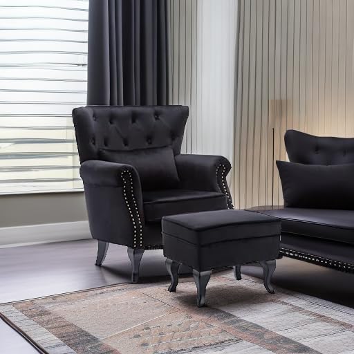 Kmax Velvet Club Chair Tufted Throne Mid Century Accent Wingback Chair with Ottoman Padded Seating Wood Legs Home Club Bedroom Living Room Black