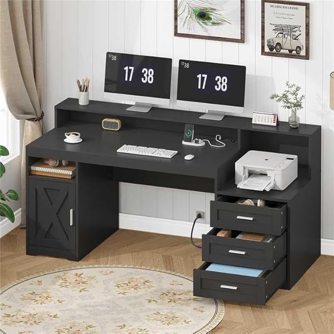 TVU Farmhouse Computer Desk with Drawers 65'' Home Office Desk with Power Outlets Storage Cabinet and Printer Stand Study Writing Desks with Long Monitor Stand Black