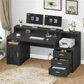 TVU Farmhouse Computer Desk with Drawers 65'' Home Office Desk with Power Outlets Storage Cabinet and Printer Stand Study Writing Desks with Long Monitor Stand Black