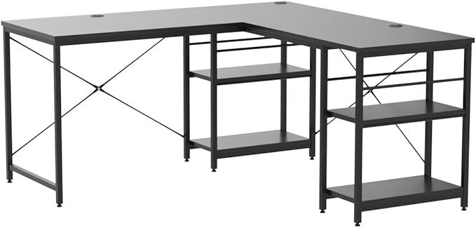 Bestier 95.2” L Shaped Desk Reversible Corner Computer Desk or 2 Person Long Table with Adjustable Shelves Large Writing Study Workstation with 3 Cable Holes - Black
