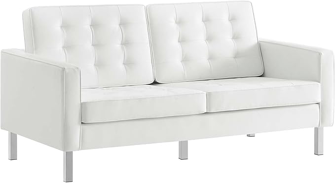 Modway Loft Tufted Button Faux Leather Upholstered Loveseat in Silver White