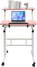 Height Adjustable Table Small Adjustable Standing Desk with Wheels Home Office Workstation Portable Rolling Desk Laptop Cart for Standing or Sitting (Pink)