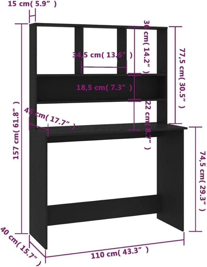 vidaXL Desk Computer Desk with Bookshelves Workstation for Living Room Bedroom Home Office Desk with Storage Black Engineered Wood