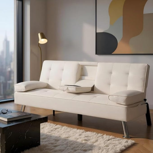 Sofa Bed Adjustment Sofa Double-Sided Double Sofa Folding Sofa Bed GuestbedcupholderBed Modern PU and Polyester Lounge Chair (White)