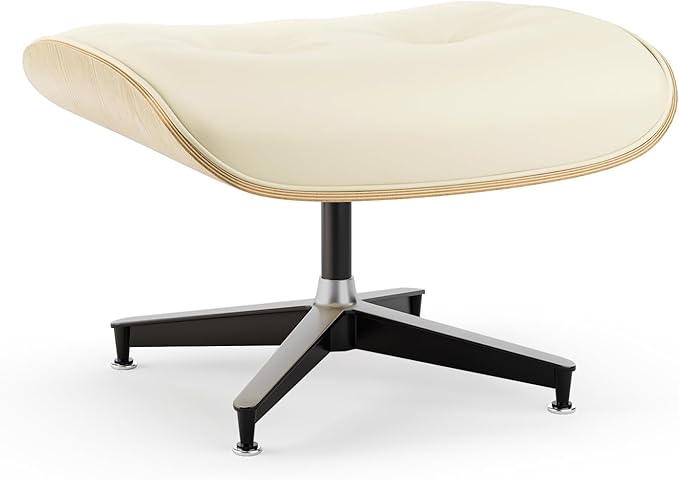 Top Cream White Grain Leather Mid Century Chaise Lounge Chair and Ottoman Modern Chair Classic Design Ash Wood Heavy Duty Base Support for Living Room Office