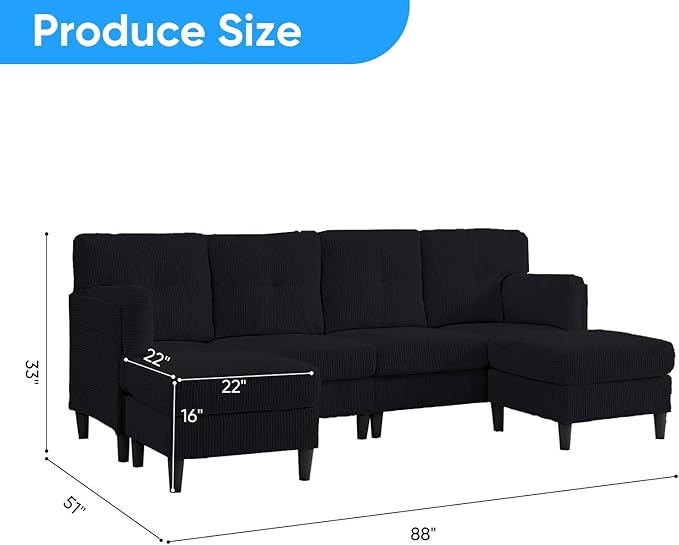 Mjkone Sectional Sofa Couch with Ottoman U Shape Sofa for Living Room Corduroy Convertrible Couches with Double Chaises 6 Seater Sofas for Living Room/Home Office/Guest (Black)