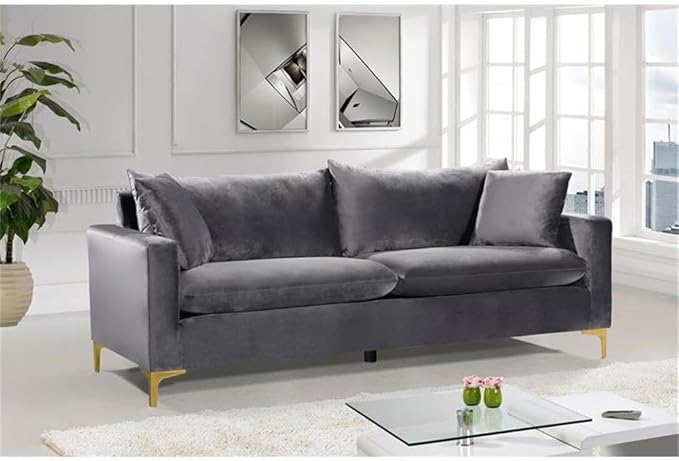 Meridian Furniture Naomi Collection Modern | Contemporary Grey Velvet Upholstered Sofa with Stainless Steel Base in a Rich Gold or Chrome Finish
