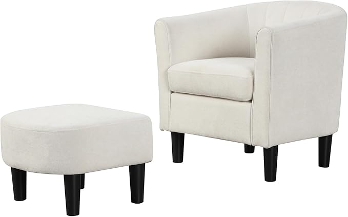 GOFLAME Accent Chair with Ottoman Modern Teddy Velvet Barrel Chair with Footrest Curved Backrest Removable Seat Cushion Upholstered Club Tub Sofa Reading Armchair for Living Room Bedroom Beige