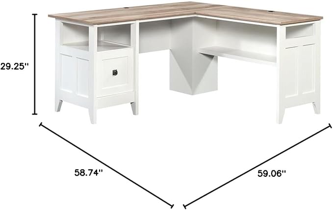 Pemberly Row L-Shaped Engineered Wood Computer Desk Glacier White Finish File Drawer Grommet Holes Cord Management Lower Shelf Modern Farmhouse Home Office Desk