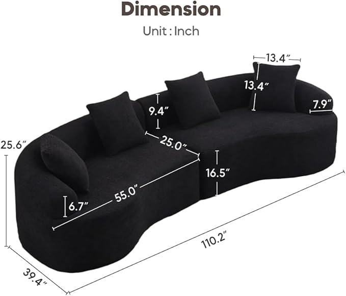 Yoglad 110 Boneless Curved Sofa Modern Cloud 4-Seater Floor Couch Minimalist Compression Sofa for Living Room Apartment Studio Office No Assembly Needed(Chenille Black)