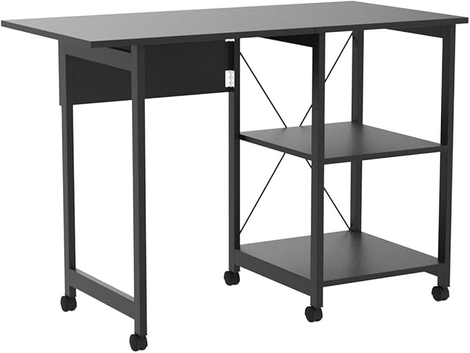 Tangkula Folding Computer Desk Modern Writing Table w/ 2-Tier Storage Shelves PC Laptop Study Table Workstation w/ 6 Wheels Space Saving Compact Home Office Desk for Small Apartment (Black)