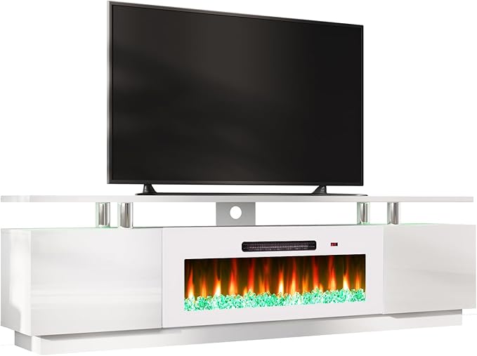 AMERLIFE Fireplace TV Stand with 40 Fireplace 80 Modern Fireplace Entertainment Center LED Lights 2 Tier TV Console Cabinet for TVs Up to 90 White &amp White