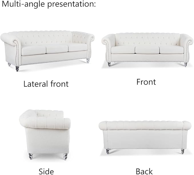 84 Modern Chesterfield Fabric Couch Rolled Arm Tufted Back 3 Seater Sofa Upholstery Nailhead Trim Couches for Living Room Office (White)