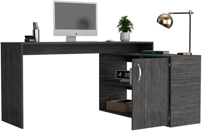 Home Office Desk Modern L-Shaped Computer Desk with Open &amp Closed Storage -Smokey OakGray