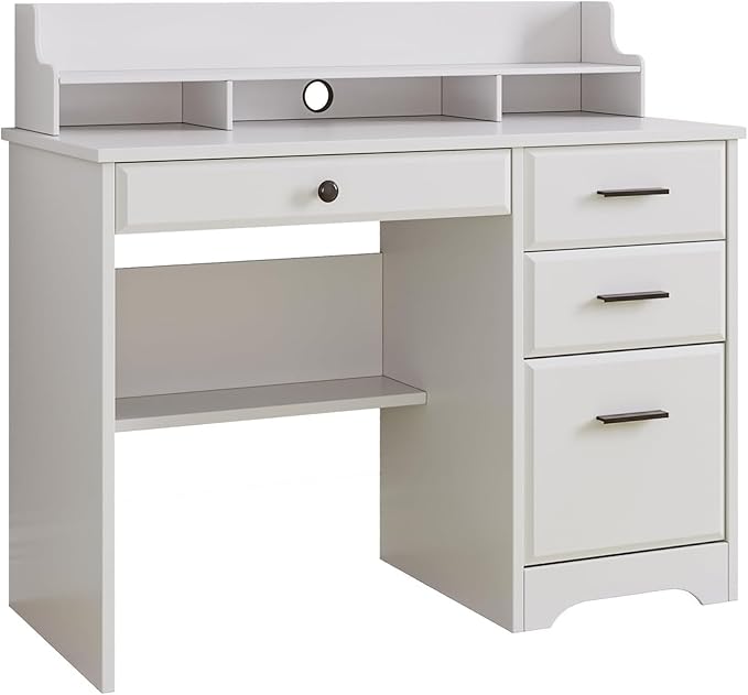 4 EVER WINNER White Desk with Drawers Home Office Desk for Bedroom Wood Desk with File Cabinet &amp Monitor Stand for Small Places White