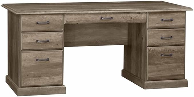 Pemberly Row Contemporary 65 Executive Desk Rustic Oak Finish Laminate Surface 7 Drawers for Storage and Organization Farmhouse Style Home Office Desk with Scratch-Resistant Work Surface