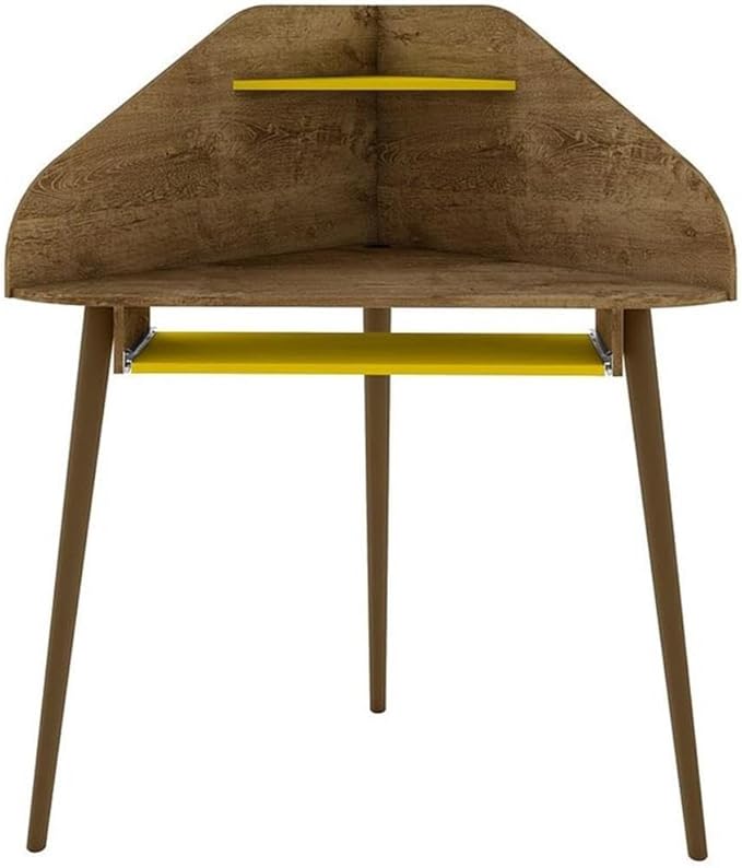 Eden Home Mid-Century Modern Wood Corner Desk Rustic Brown and Yellow Finish 47.24 in H x 43.98 in W x 31.1 in D Overhead Shelf Sliding Drawer Home Office Desk with Cable Management