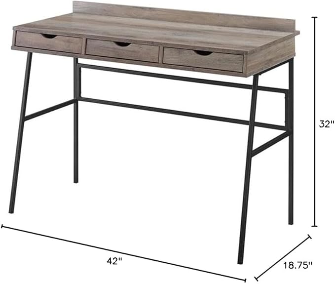 Pemberly Row 42 Engineered Wood 3-Drawer Desk Gray Wash Finish Angled Front Design Cutout Handles Cord Management Minimalistic Metal Legs Modern Writing Desk for Home Office