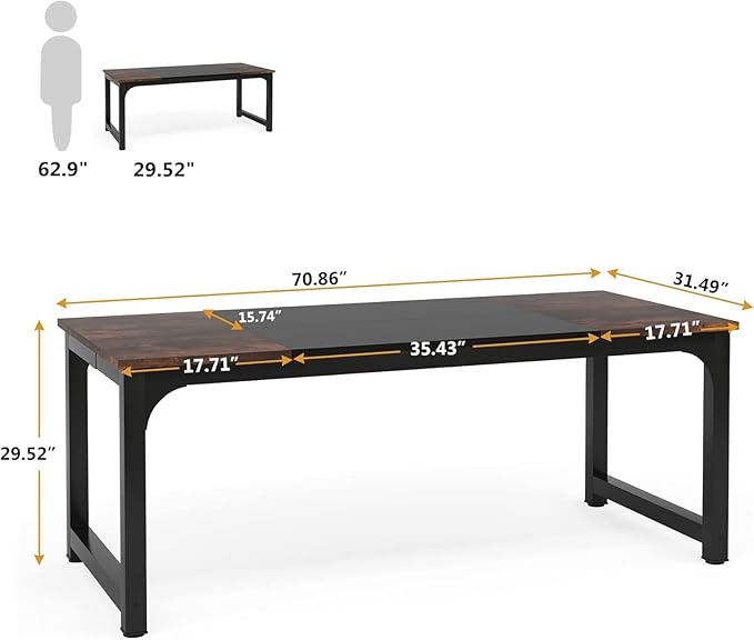 70.8 inch Executive Desk Rustic Office Computer Desk with Thick Metal Frame Vintage Workstation Writing Table Business Furniture for Office Study (Grey+Black)