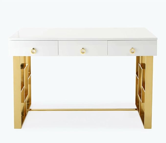 First of a Kind Brooke Mid Century Modern Gloss Lacquer Computer Desk - Home Office Desk with Drawers - Writing Desk for Luxurious Touch - Versatile PC Desk White/Gold