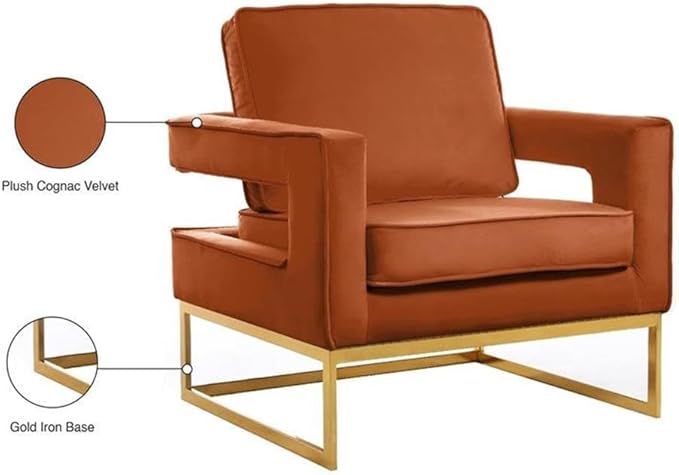 Pemberly Row Modern Velvet Accent Chair 33.5 W x 29.5 D x 35.5 H Cognac Upholstery Gold Stainless Steel Base High-Density Foam Cushion Solid Wood Frame Contemporary Design for Living Room or