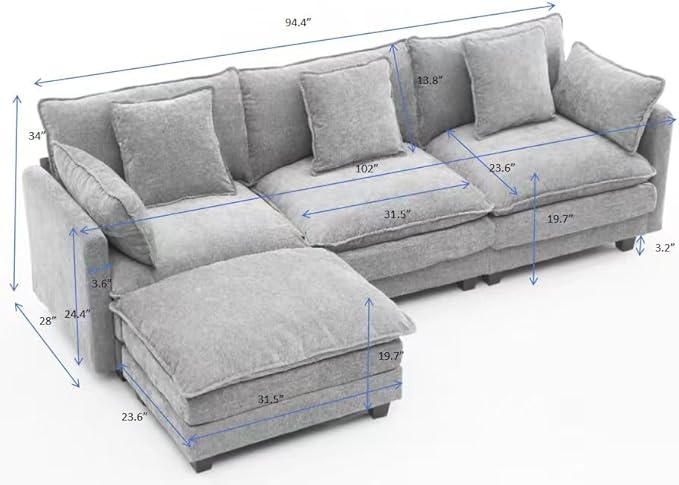 Modern 102 L Shaped Sectional Sofa Cloud Couch Comfy Chenille Modern Modular Sleeper Sofa Upholstery Sofa with Ottoman &amp Memory Foam for Living Room Grey