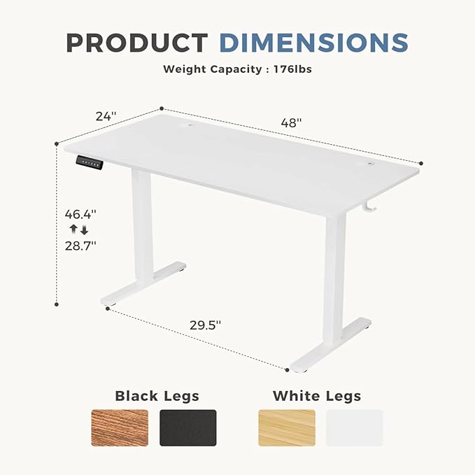 Electric Standing Desk 48 x 24 Inches Lift Motorized Gaming Table with T-Shaped Metal Ergonomic Memory Controller Home Office Desk Computer Desk White