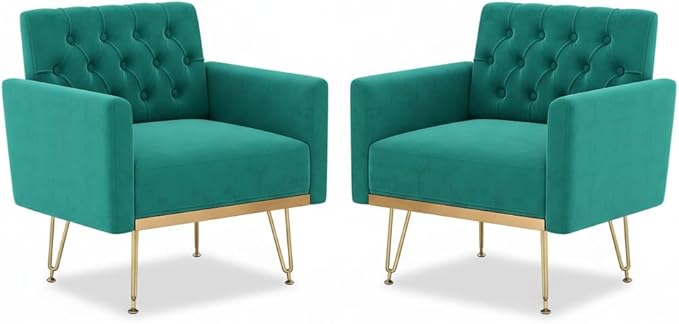 Olela Accent Chair with Arm for Living Room Velvet Modern Armchair Single Sofa Cozy Tufted Upholstered Reading Side Chairs with Gold Metal Leg for Bedroom Decorate