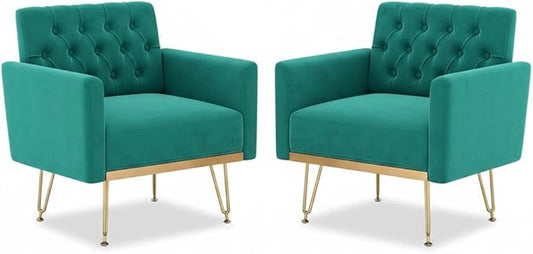 Olela Accent Chair with Arm for Living Room Velvet Modern Armchair Single Sofa Cozy Tufted Upholstered Reading Side Chairs with Gold Metal Leg for Bedroom Decorate