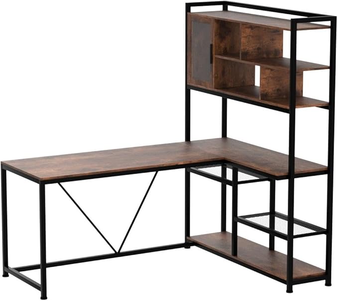 SEDETA L Shaped Computer Desk 58'' Office Desk with LED Light and Bookshelf L Shaped Corner Desk with Storage Shelves for Home Office Gaming Desk L Desk Rustic Brown