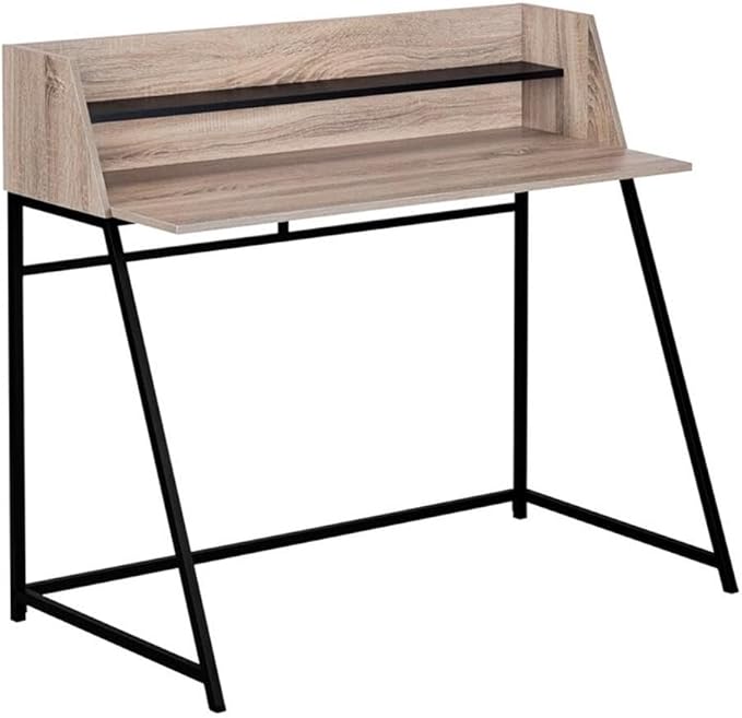 Pemberly Row Computer Desk 47.25 W x 23.75 D x 39.25 H Particle Board and Metal Dark Taupe and Black Finish Storage Hutch with Shelf Contemporary Home Office Laptop or Writing Table
