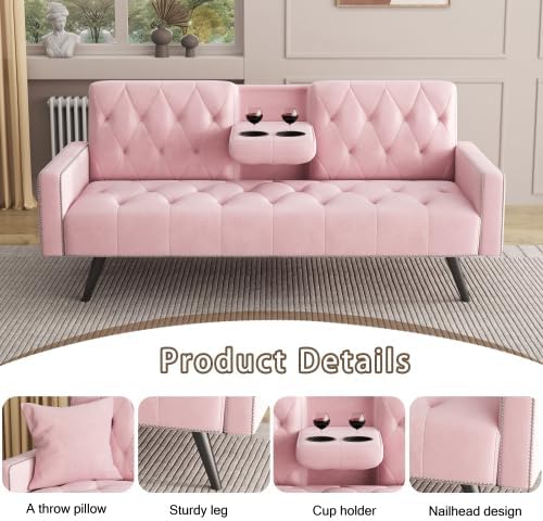 72 Pink Velvet Futon Couch Living Room Couch Bed Convertible Sleeper Sofa Bed with Cup Holder for Bedroom Guest Bed 2 Seater Reclining Sofas Couches with Nailhead Trim for Small Space (Pink)
